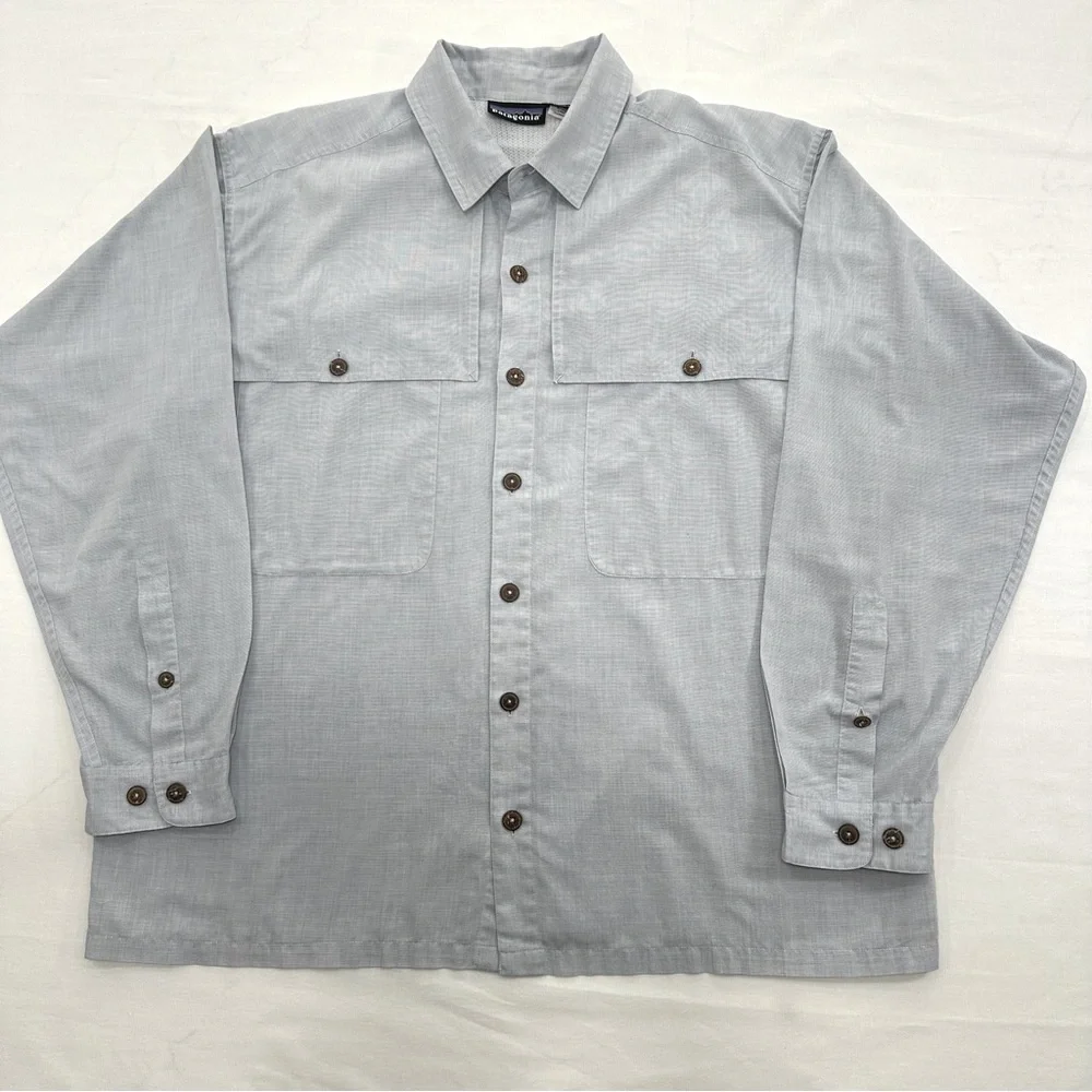 Patagonia Vintage Outdoor Long Sleeve Vented Fishing Shirt Pale Blue/Gray Large - Picture 2 of 15